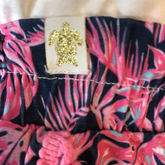 Sz M Simply Southern Turtle PomPom Tassels Lined Navy Blue & Pink Palms Shorts - Picture 6 of 11